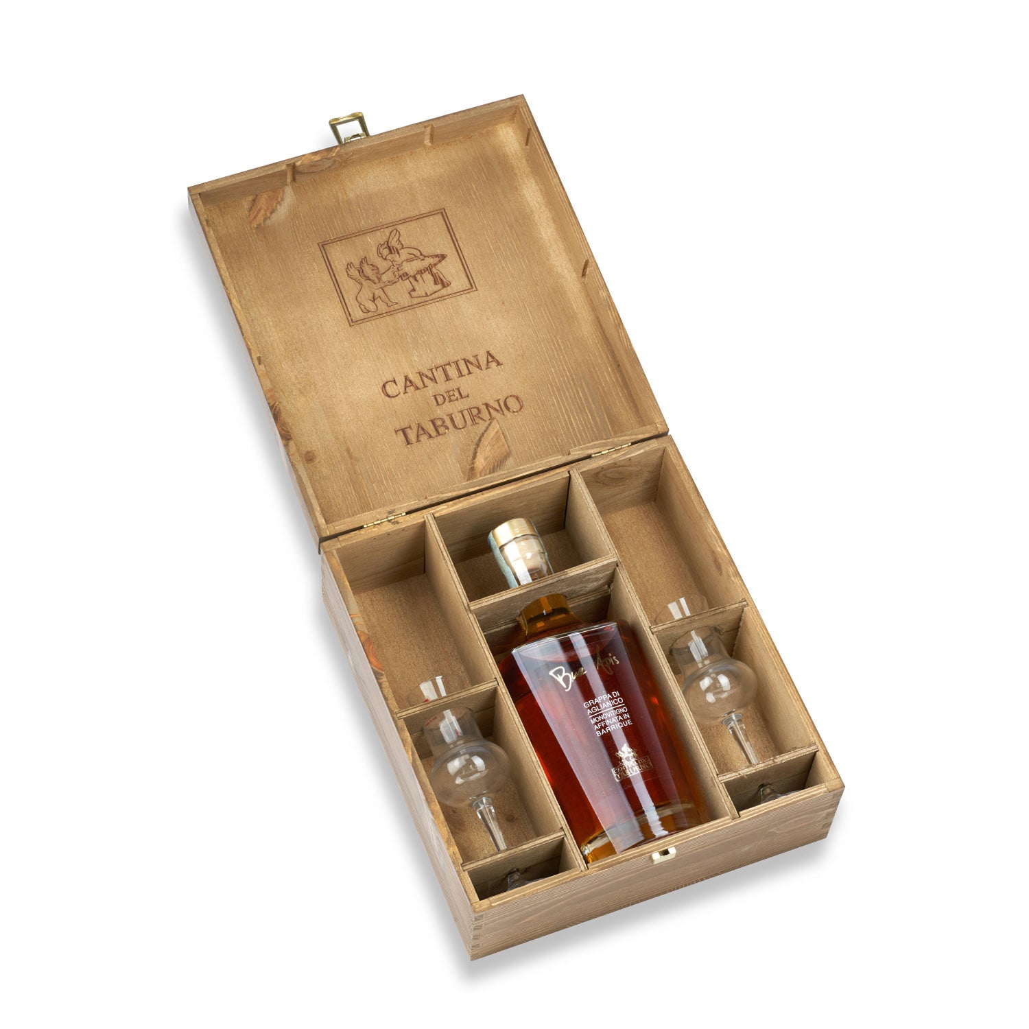 Confezione regalo  in legno Grappa Bue Apis con 2 bicchieri degustazione